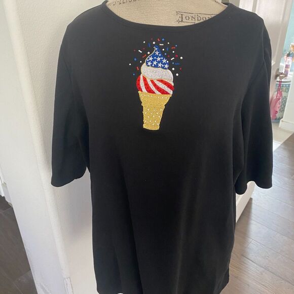 Quacker Factory T-Shirt Women's XL Black Ice Cream Cotton Embellished Embroidery - Picture 4 of 16